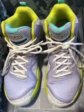 Moolah Kicks Press Break Basketball Shoes in Lilac/Navy/Lime size 6